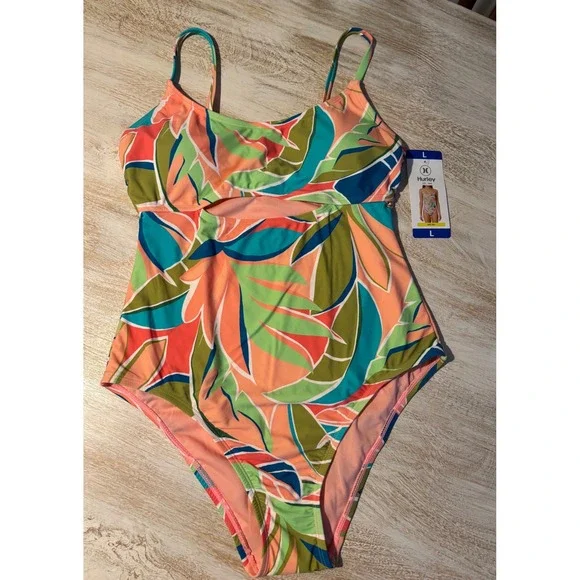 Hurley Womens One Piece Swimsuit Large Graphic Leaf Citron Cutout UPF 50+ NEW - Picture 1 of 7